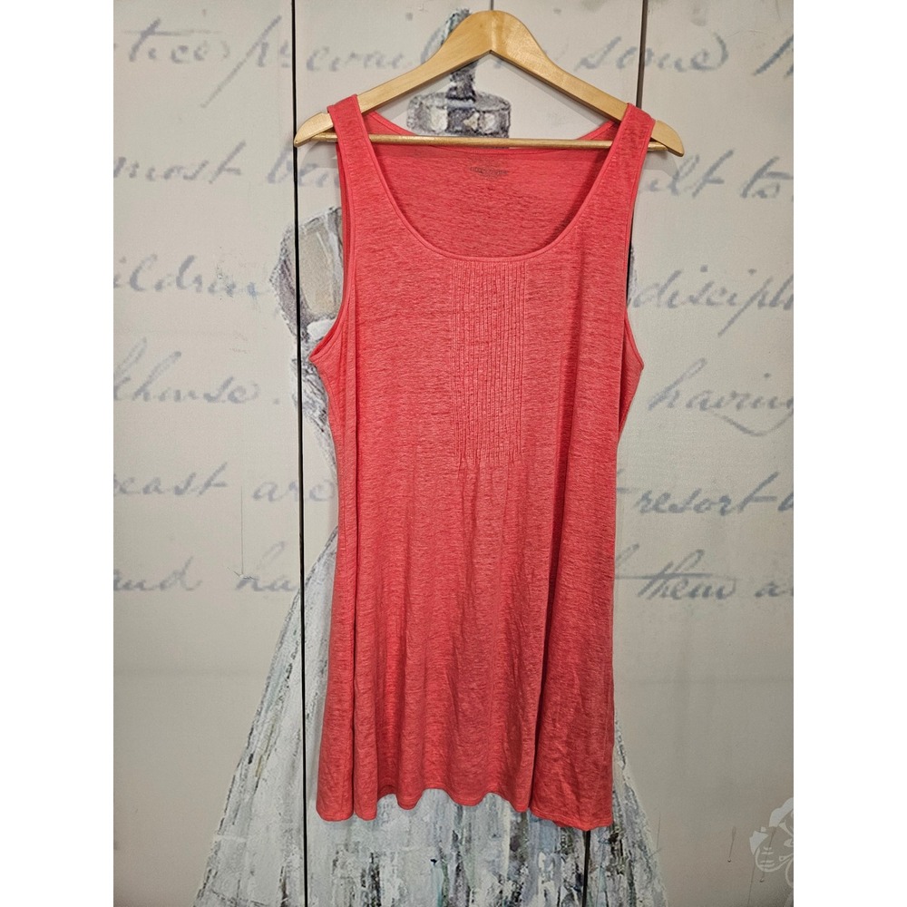 Eileen Fisher 100% Linen Tank Dress Large Coral Pink Pintuck Pleat Slub Boho